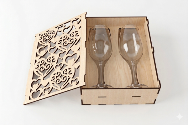 boite en bois pour verre à vin avec un couvercle découpé façon dentelle