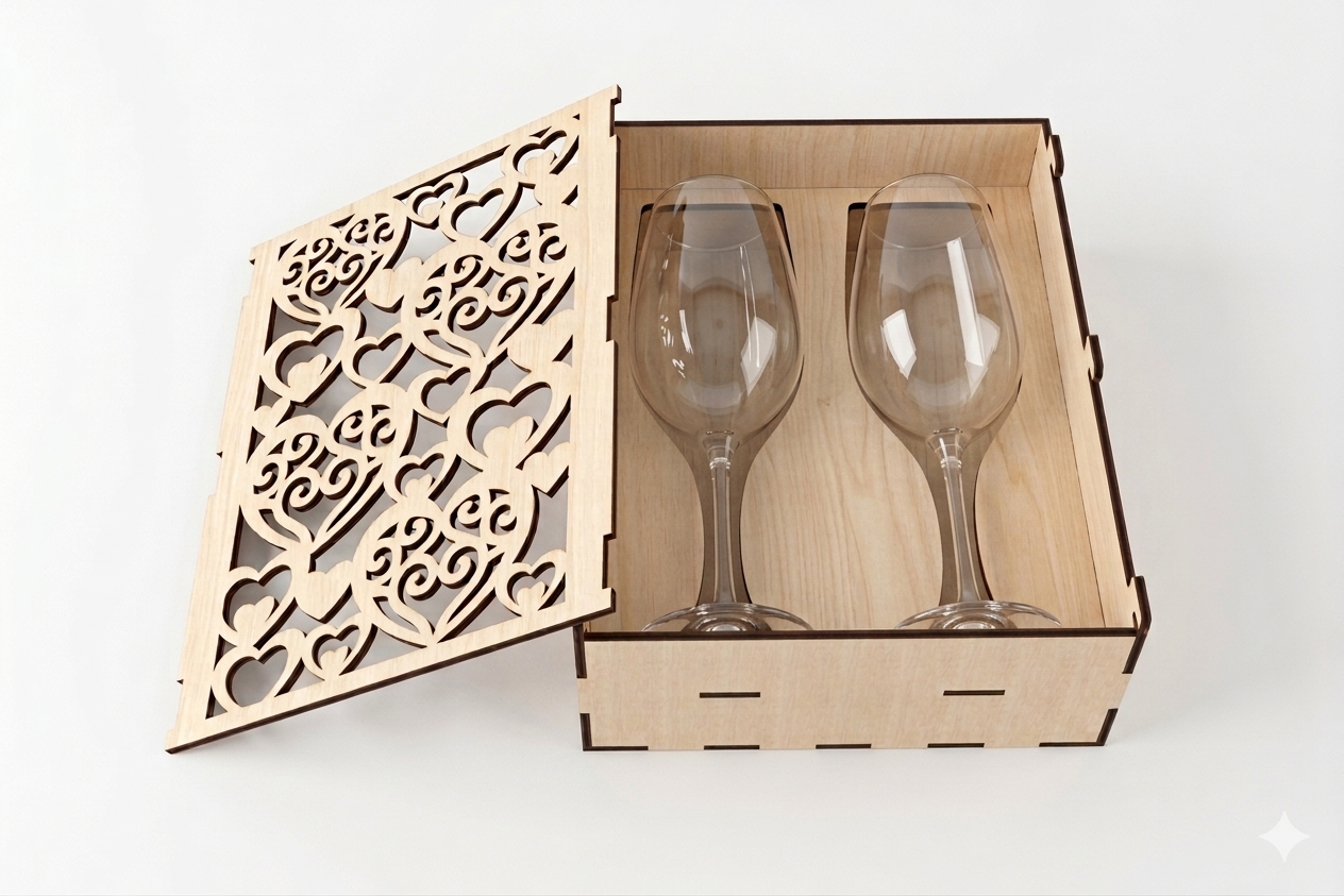 boite en bois pour verre à vin avec un couvercle découpé façon dentelle