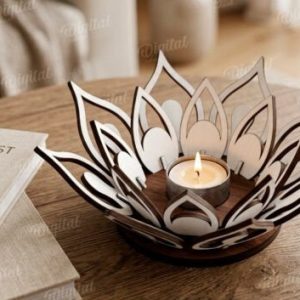 porte bougie lotus en bois gravé au laser