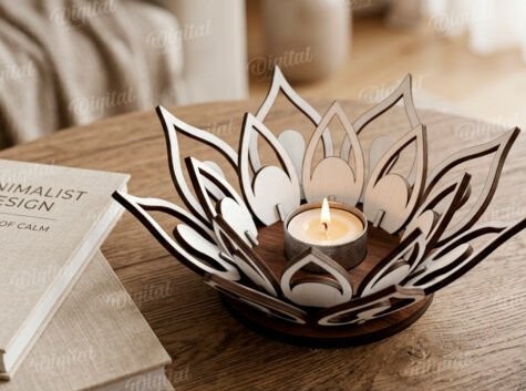 porte bougie lotus en bois gravé au laser